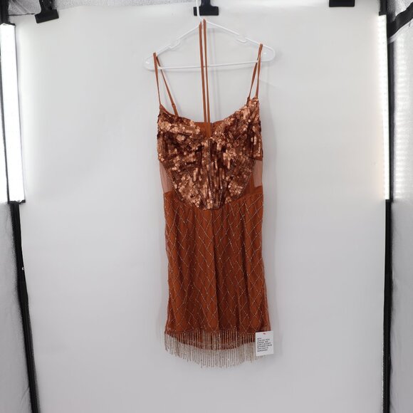 NWT ASOS Bronze Sequin Embellished Butterfly Mesh Fringe Beaded Mini Dress - Picture 9 of 12